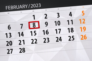 Calendar 2023, deadline, day, month, page, organizer, date, february, wednesday, number 8