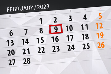 Calendar 2023, deadline, day, month, page, organizer, date, february, thursday, number 9
