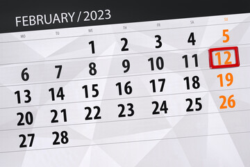 Calendar 2023, deadline, day, month, page, organizer, date, february, sunday, number 12