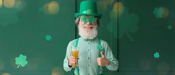 Happy senior man with big head and glass of beer showing thumb-up gesture on green background. St....