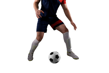 Close up of a football action scene with soccer  player chases a soccerball