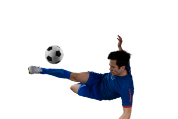 Close up of a football action scene with soccer  player kicks a soccerball