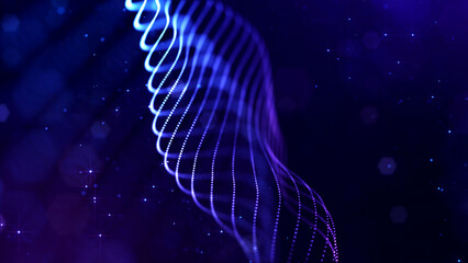 3d render. Abstract sci-fi bg with glow particles form curved lines, surfaces, hologram structures or virtual digital space. Deep blue motion design background of microworld or cosmic space. Strings