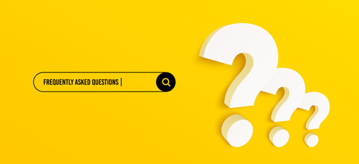 3d question mark and search bar template for website. Navigation search for browser. 3d quiz icon. Ask question template banner. Support FAQ information design. Find information banner. Vector - obrazy, fototapety, plakaty
