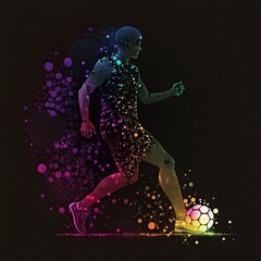 Fototapeta na wymiar illustration, of transparent colored lines, forming the figure of a man playing soccer,image generated by AI.