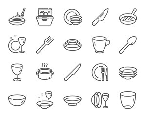 Tableware line icons. Dish plate, Food bowl and Cooking utensils set. Fork, spoon and knife cutlery line icons. Grill pan, dish washer and dish with pasta. Food plate, glass and tea cup. Vector