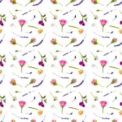 Many different scattered flowers on white background. Pattern for design