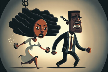 A black man and black woman break free from chains, running away, breaking free, black powerful people, anti-racism, black couple