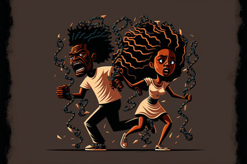 A black man and black woman break free from chains, running away, breaking free, black powerful people, anti-racism, black couple