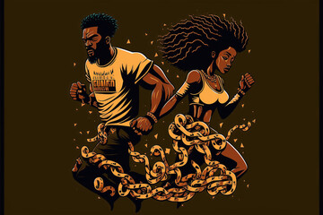 A black man and black woman break free from chains, running away, breaking free, black powerful people, anti-racism, black couple