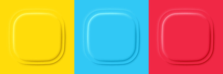 Neumorphic square shapes of podium stage background. Cosmetic product top view. Square 3d banners for product presentation. Top view of colorful podium or stage. Vector