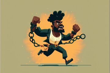 A black man breaking free from chains, running away, breaking out, anti-racism, black guy, African American