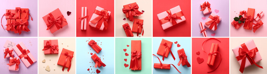 Collage with many gifts for Valentine's Day on color background