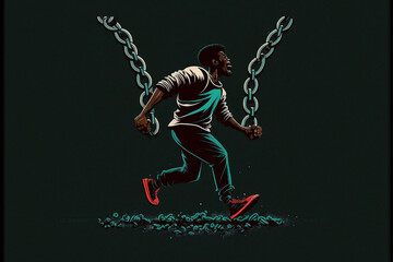 Naklejka premium A black man breaking free from chains, running away, breaking out, anti-racism, black guy, African American