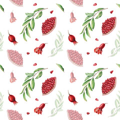 Fototapeta na wymiar Watercolor seamless pattern with pomegranate seeds and flowers and leafs. Hand drawn realistic tasty organic garnet red fruit isolated on white background. For designers, Valentine's Day Cards, Party