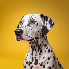 Portrait of a dalmatian dog on a yellow background. Generative AI.	
