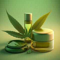 Cannabis and cosmetic made with cbd on a green background. Generative AI.	
