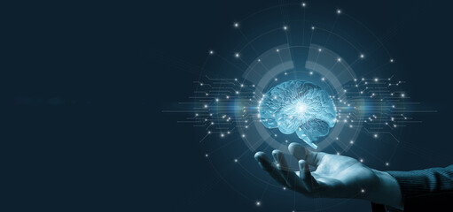 The hand shows the brain of artificial intelligence .