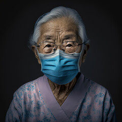 Old asian lady with glasses wearing a big blue mask, generative ai