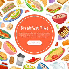 Tasty Breakfast Food Banner Design with Sandwich, Porridge and Omelette Vector Template