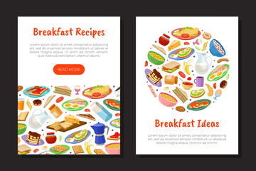 Tasty Breakfast Food Banner Design with Sandwich, Porridge and Omelette Vector Template