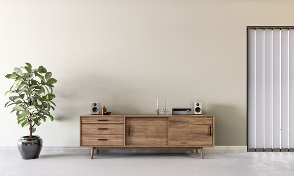 light beige concrete mock-up wall with wooden console and decoration, modern interior, negative copy space above, 3d rendering, 3d illustration
