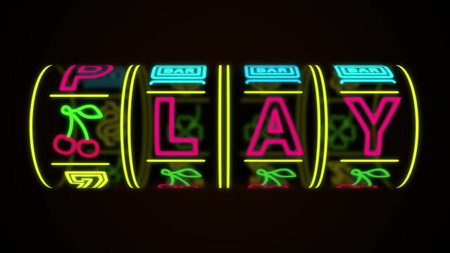 Neon casino slot machine spinning, win combination with money sign. Play title on black background