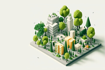 isometric sustainable city with trees in white background made with Generative AI - obrazy, fototapety, plakaty