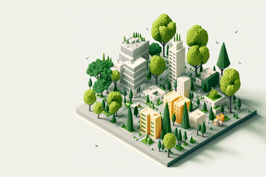 isometric sustainable city with trees in white background made with Generative AI