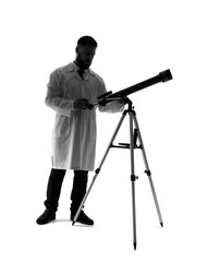 Silhouette of male astronomer with telescope on white background