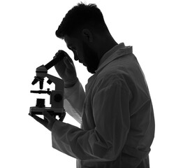 Silhouette of male scientist with microscope on white background © Pixel-Shot