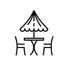 Table with chair and umbrella icon. Street food concept, cafe symbol for web and mobile on white background, Vector graphics.
