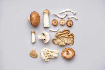 Fototapeta na wymiar Composition with different fresh mushrooms on light background