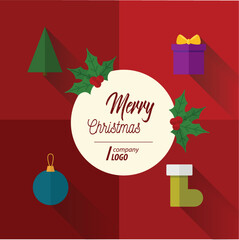 Merry christmas, flat design with long shadow card on red background.
