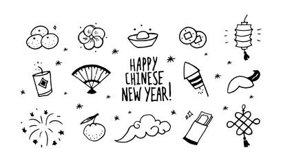 A set of simple flat doodle Chinese New Year icons. Xmas card design elements.