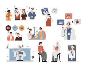 Video call from the patient to the doctor. The girl, man, without Leaving the house, consults with a therapist through a laptop. Online medical consultation. Vector flat Illustration.