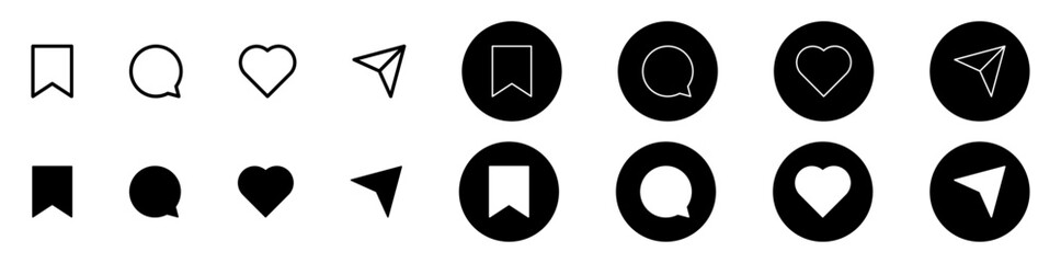 Save, comment, like, and share icon set. Use for web and mobile app.