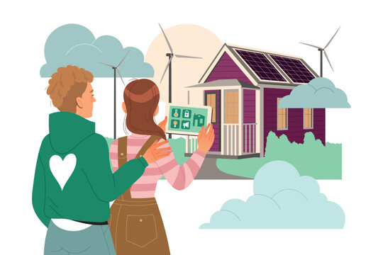 Man and Woman Couple at Smart Green House as Ecology and Planet Care Vector Illustration
