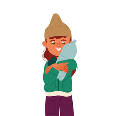 Happy Girl Holding Plastic Bottle Sorting Garbage for Recycling as Ecology and Planet Care Vector Illustration