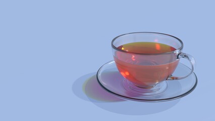Cup of tea on purple blue background with free space for your text, traditional english breakfast, 3d rendering