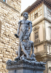 Statue of Hercules killing monster Cacus. The sculpture by Baccio Bandinelli on the Piazza della Signoria in front of the Palazzo Vecchio, Florence, Tuscany, Italy.