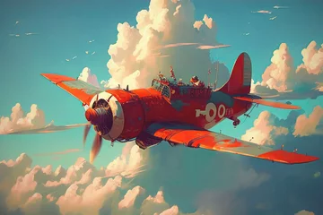 Foto op Aluminium red vintage plane flying in the blue sky, digital art style, generative AI © grandfailure