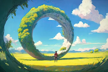 Door stickers Grandfailure Man standing and looking at a giant overgrown ring in a lush field, digital art atyle, generative AI