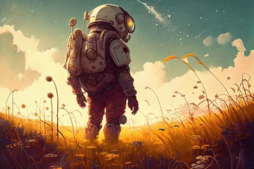 Badkamer foto achterwand Astronaut standing in a field of flowers, digital art style, generative AI © grandfailure