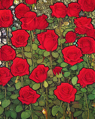 Fototapeta na wymiar Red roses as background, generative ai. Beautiful blooming flowers as Valentine's day design element.