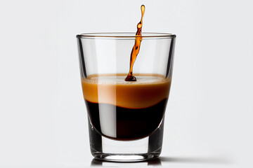 Close up shot of espresso coffee glass with a drop up on white background. Glass of coffee with pouring and splash coffee.