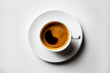 Top view close up white cup of coffee isolated on white background with clipping path. Food photography.