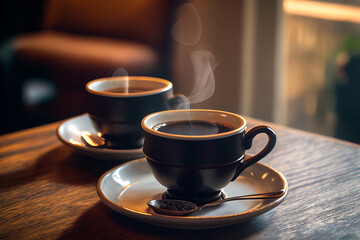 Fototapeta premium Close up black cup of coffee on wooden table in a cafe. Food photography.