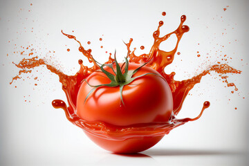 Close up red delicious fresh tomato with splashing tomato juice on white background. Food photography. With clipping path. Full depth of field.