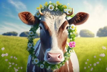 Cow's Floral Ode - A Happy Bovine in the Foreground with a Wreath of Fresh Flowers on Its Head.